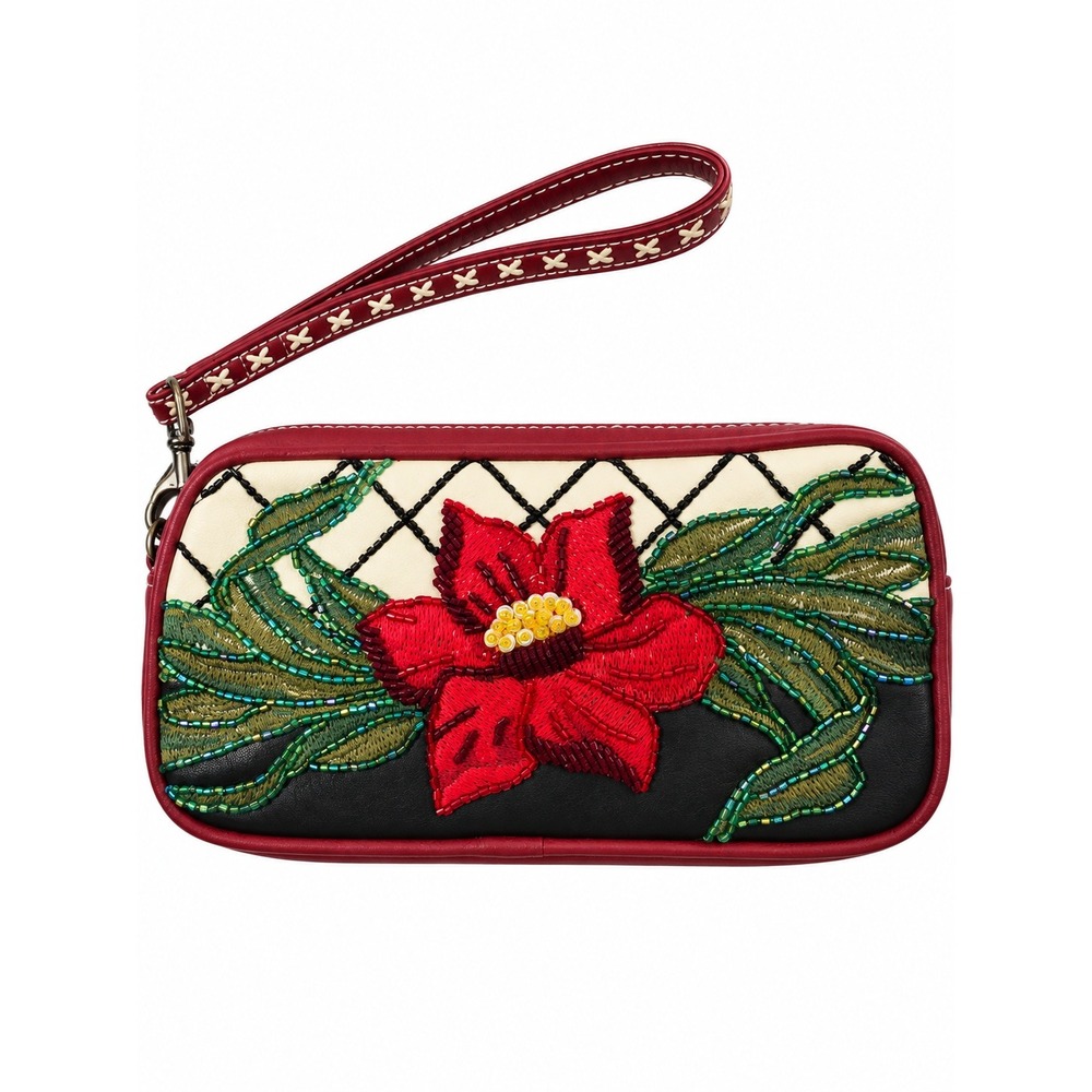 Isabella Fiore Leather Wristlet Embroidered Beaded Floral Red Black Burgundy Bag